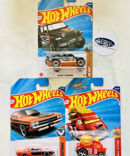 IMPORTED Combo - 20 Jeep Gladiator (Black), 71 Dodge Hemi Challenger (Orange) & Buns of Steel - Set of 3