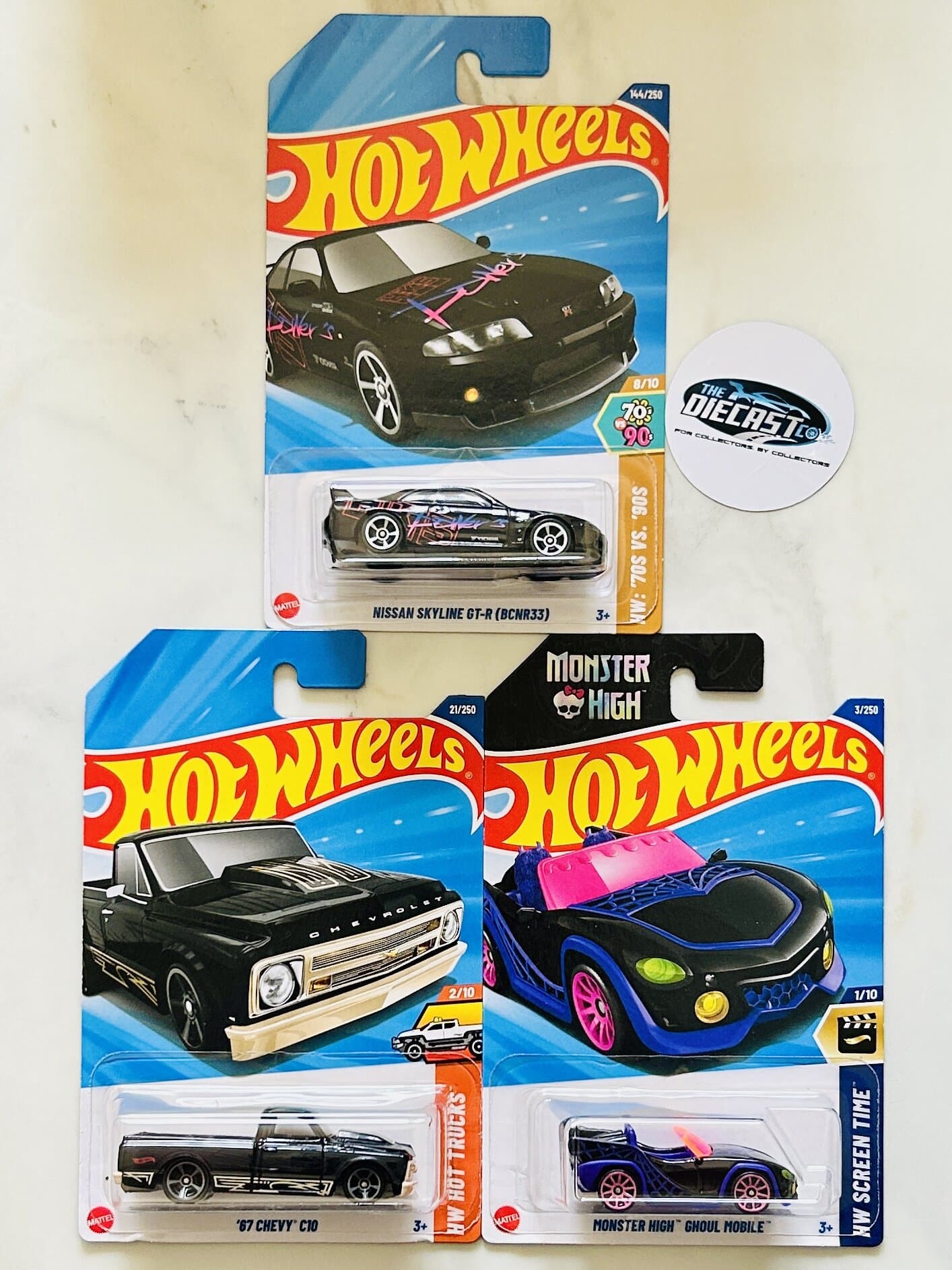 IMPORTED Combo - Nissan Skyline GT-R (BCNR33), 67 Chevy C10 & Monster High Ghoul Mobile - Set of 3