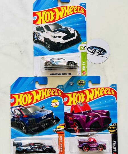 New Combo - Ford Mustang Mach-E 1400, Ford F-150 Lightning Supertruck & Classic TV Series Batmobile Tooned - Set of 3