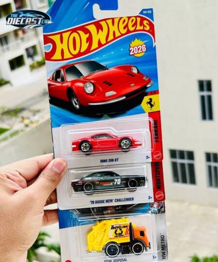 Ferrari Dino 206 GT, '70 Dodge Hemi Challenger & Total Disposal - MRP Combo - Set of 3